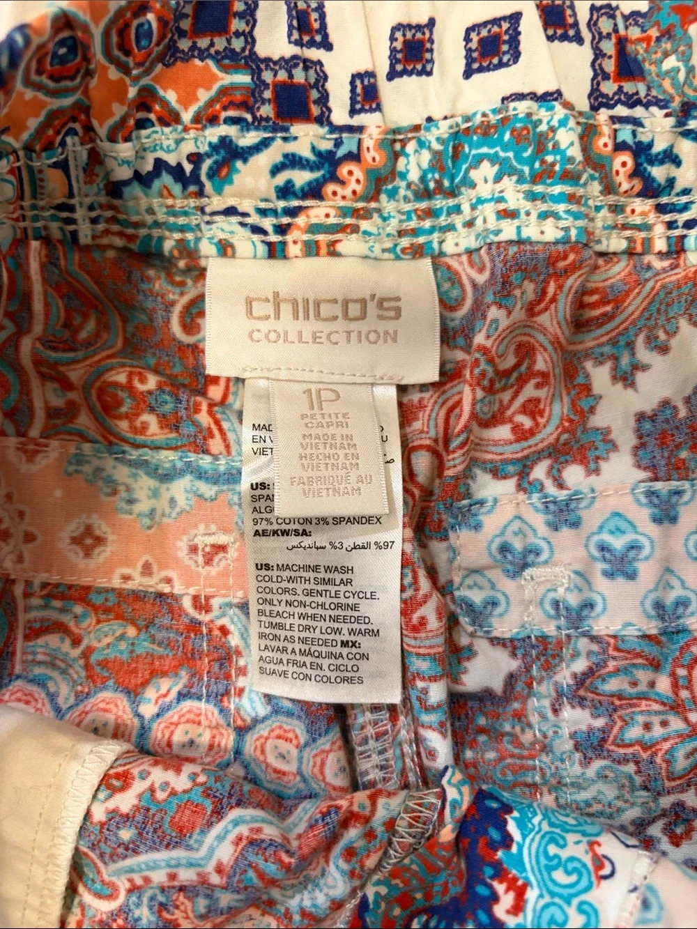 Chico's Coral & Teal Patchwork Print Bermuda Shorts